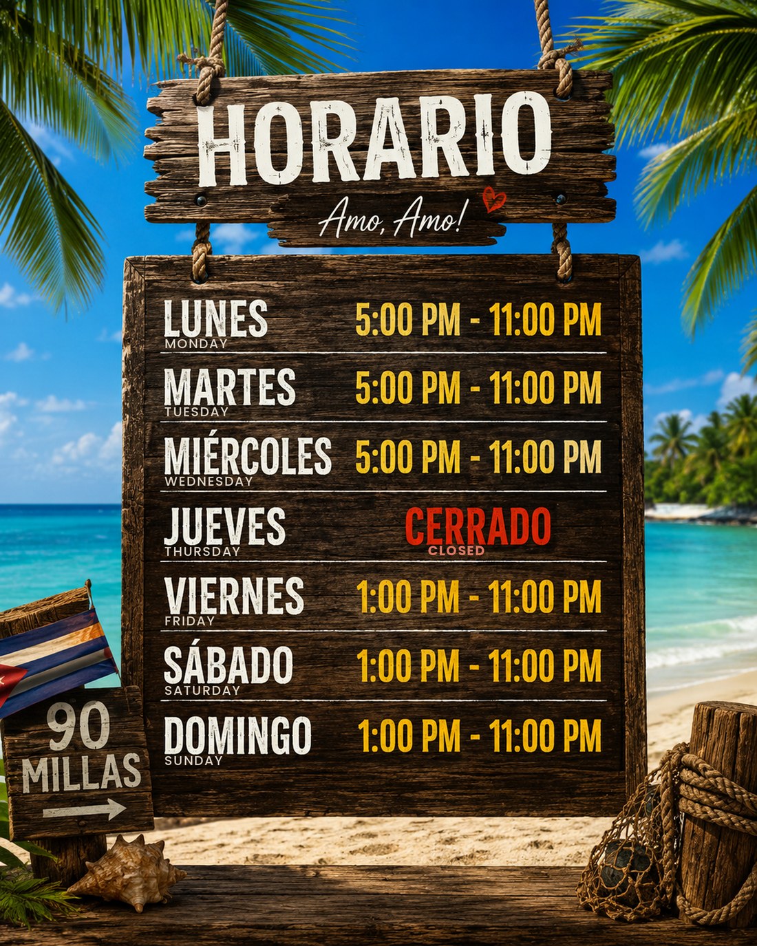Horario / Hours — Lunes a Mi&eacute;rcoles (Monday to Wednesday) 5:00 PM to 11:00 PM; Jueves (Thursday) cerrado / closed; Viernes a Domingo (Friday to Sunday) 1:00 PM to 11:00 PM.